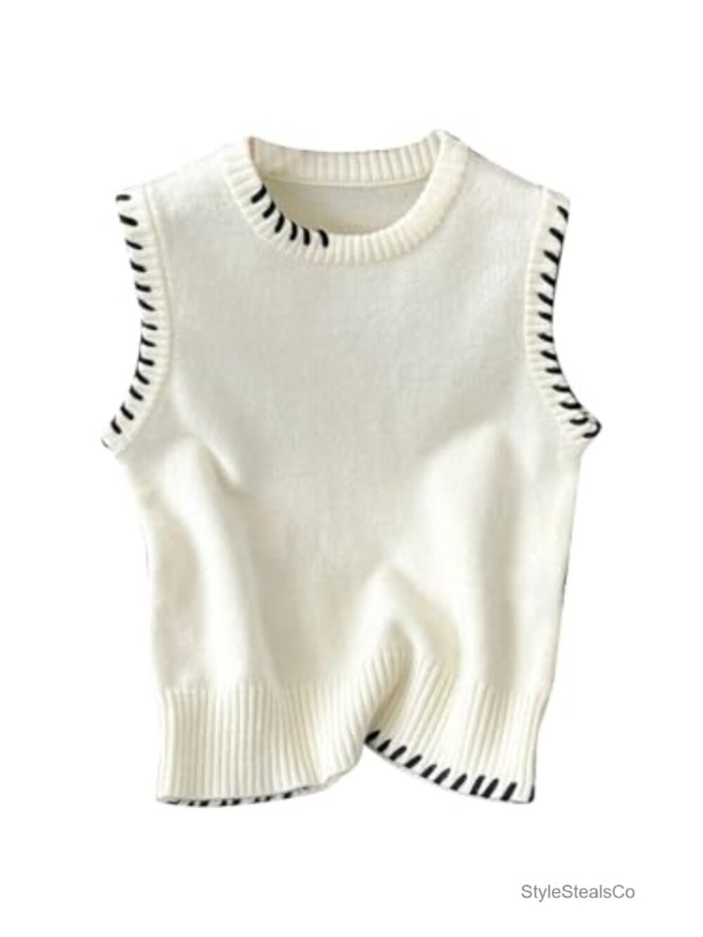 Sleeveless Ribbed Knit Sweater Vest Contrast Trim Pullover Tank Top